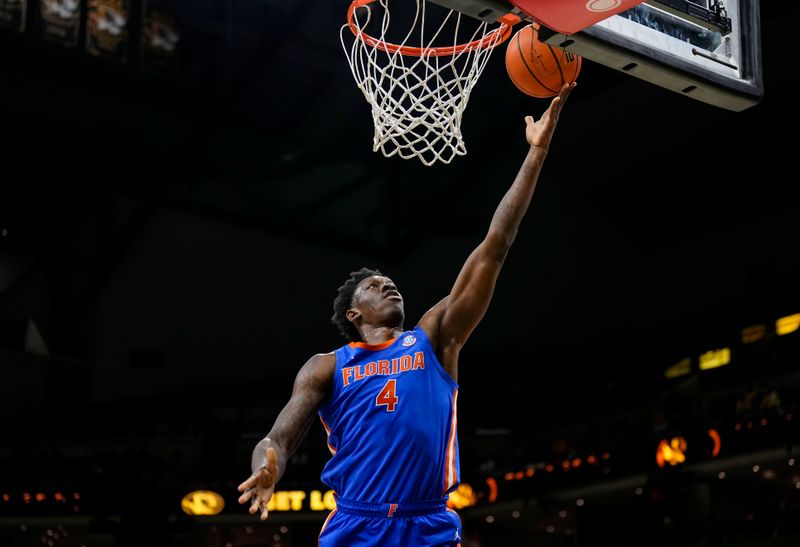 Jan 20, 2024; Columbia, Missouri, USA; Florida Gators forward Tyrese Samuel (4) shoots a layup during the second half against the Missouri Tigers at Mizzou Arena. Mandatory Credit: Jay Biggerstaff-USA TODAY Sports