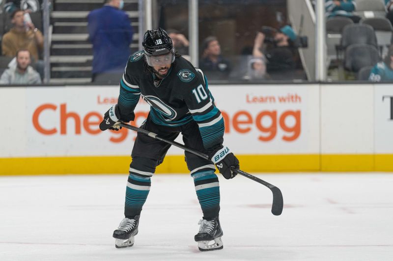 Feb 29, 2024; San Jose, California, USA; San Jose Sharks left wing Anthony Duclair (10) during the third period against the Anaheim Ducks at SAP Center at San Jose. Mandatory Credit: Stan Szeto-USA TODAY Sports