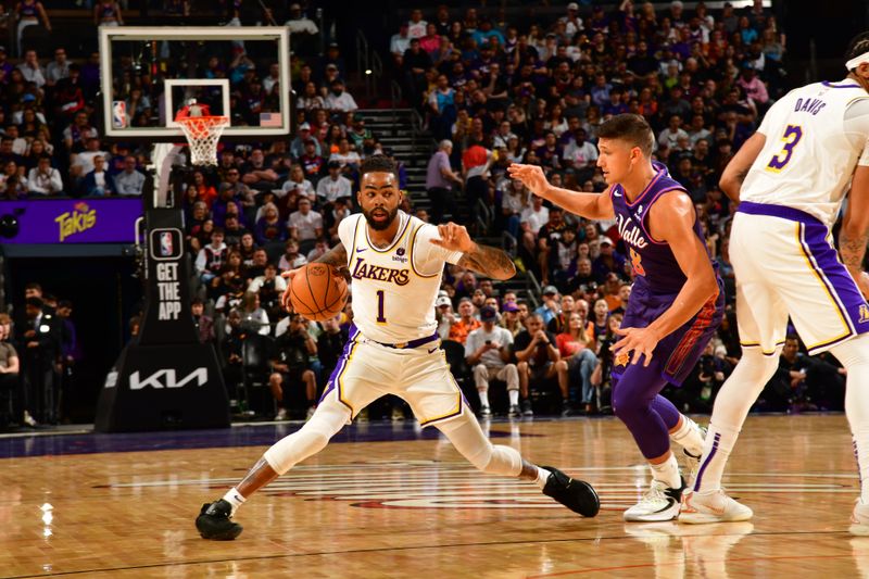 PHOENIX, AZ - FEBRUARY 25: D'Angelo Russell #1 of the Los Angeles Lakers dribbles the ball during the game against the Phoenix Suns on February 25, 2024 at Footprint Center in Phoenix, Arizona. NOTE TO USER: User expressly acknowledges and agrees that, by downloading and or using this photograph, user is consenting to the terms and conditions of the Getty Images License Agreement. Mandatory Copyright Notice: Copyright 2024 NBAE (Photo by Kate Frese/NBAE via Getty Images)