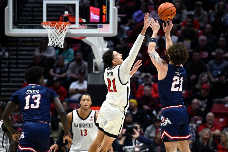 Jan 3, 2024; San Diego, California, USA; Fresno State Bulldogs guard Isaiah Pope (21) shoots the ball over San Diego State Aztecs guard Miles Byrd (21) during the first half at Viejas Arena. Mandatory Credit: Orlando Ramirez-USA TODAY Sports 