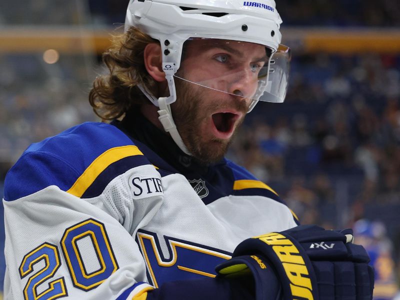 Nov 14, 2024; Buffalo, New York, USA;  St. Louis Blues left wing Brandon Saad (20) reacts after scoring a goal during the first period against the Buffalo Sabres at KeyBank Center. Mandatory Credit: Timothy T. Ludwig-Imagn Images