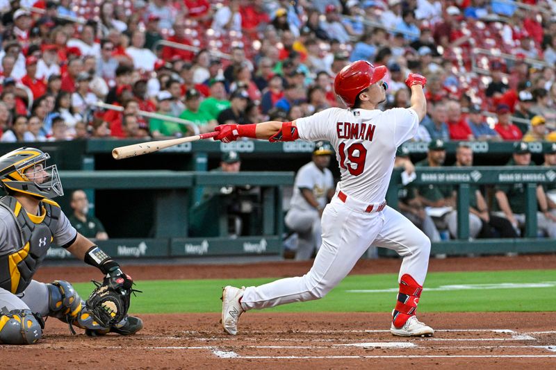 Aug 14, 2023; St. Louis, Missouri, USA;  St. Louis Cardinals shortstop Tommy Edman (19) hits one run single against the Oakland Athletics during the second inning at Busch Stadium. Mandatory Credit: Jeff Curry-USA TODAY Sports