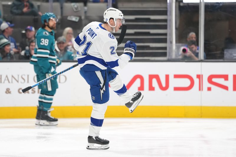 Jan 3, 2026; San Jose, California, USA; Tampa Bay Lightning center Brayden Point (21) reacts after scoring a goal against the San Jose Sharks during the first period at SAP Center at San Jose. Mandatory Credit: Darren Yamashita-Imagn Images