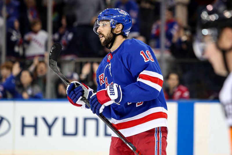 Jan 18, 2025; New York, New York, USA; New York Rangers center Vincent Trocheck (16) celebrates his game-winning goal on Columbus Blue Jackets goalie Daniil Tarasov (40) in a shootout at Madison Square Garden. Mandatory Credit: Danny Wild-Imagn Images