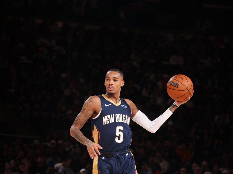 NEW YORK, NY - DECEMBER 1: Dejounte Murray #5 of the New Orleans Pelicans passes the ball during the game against the New York Knicks on December 1, 2024 at Madison Square Garden in New York City, New York.  NOTE TO USER: User expressly acknowledges and agrees that, by downloading and or using this photograph, User is consenting to the terms and conditions of the Getty Images License Agreement. Mandatory Copyright Notice: Copyright 2024 NBAE  (Photo by Nathaniel S. Butler/NBAE via Getty Images)