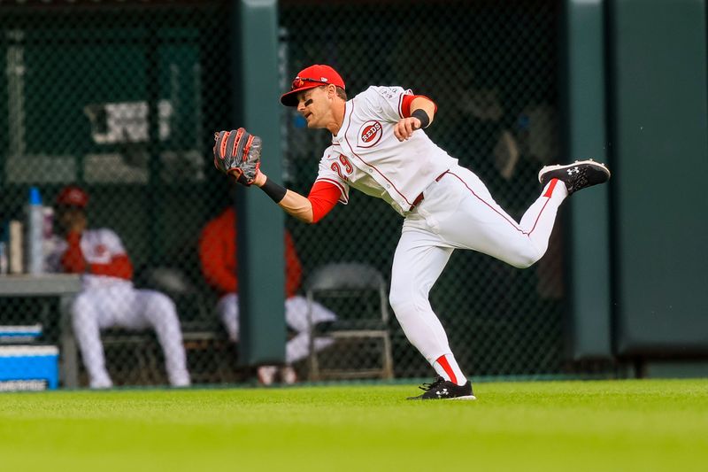 May 29, 2024; Cincinnati, Ohio, USA; Cincinnati Reds outfielder TJ Friedl (29) catches a fly out hit by St. Louis Cardinals outfielder Alec Burleson (not pictured) in the second inning at Great American Ball Park. Mandatory Credit: Katie Stratman-USA TODAY Sports