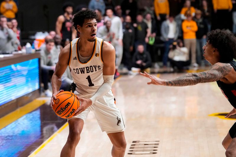 Feb 27, 2024; Laramie, Wyoming, USA; Wyoming Cowboys guard Brendan Wenzel (1) looks to pass against UNLV Runnin' Rebels guard Brooklyn Hicks (13) during overtime at Arena-Auditorium. Mandatory Credit: Troy Babbitt-USA TODAY Sports