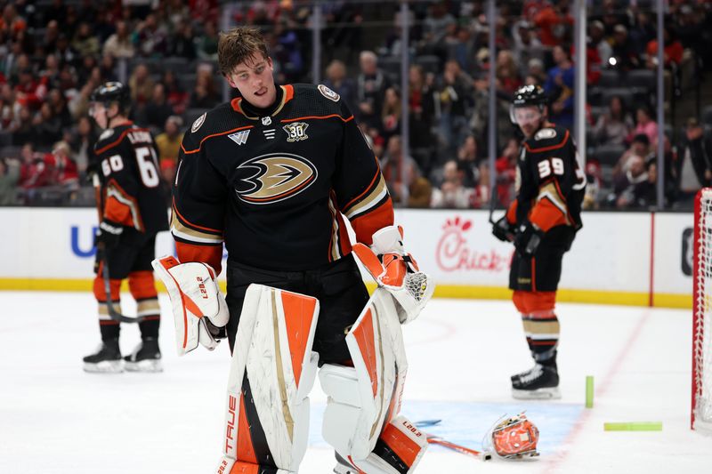 Mar 1, 2024; Anaheim, California, USA; Anaheim Ducks goaltender Lukas Dostal (1) reacts before the penalty shot during the third period against the New Jersey Devils at Honda Center. Mandatory Credit: Kiyoshi Mio-USA TODAY Sports