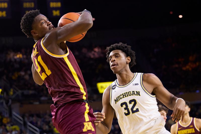 Jan 22, 2023; Ann Arbor, Michigan, USA;  Minnesota Golden Gophers forward Pharrel Payne (21) grabs the rebound over Michigan Wolverines forward Tarris Reed Jr. (32) in the second half at Crisler Center. Mandatory Credit: Rick Osentoski-USA TODAY Sports