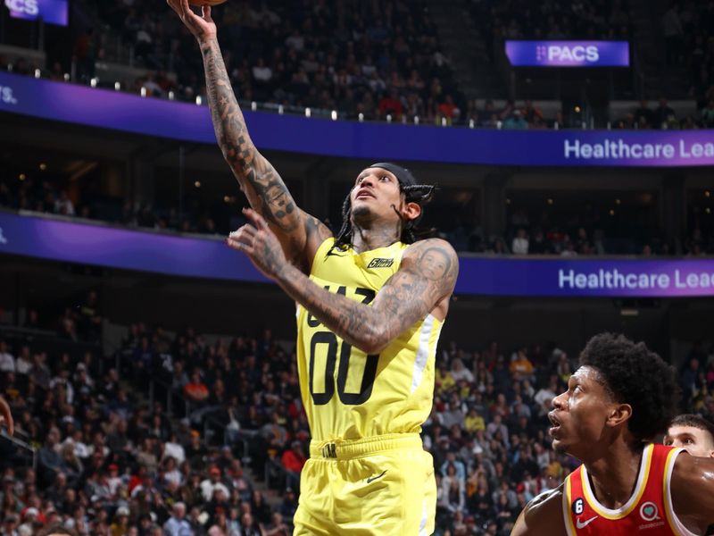 SALT LAKE CITY, UT - FEBRUARY 3: Jordan Clarkson #00 of the Utah Jazz drives to the basket during the game against the Atlanta Hawks on February 3, 2023 at vivint.SmartHome Arena in Salt Lake City, Utah. NOTE TO USER: User expressly acknowledges and agrees that, by downloading and or using this Photograph, User is consenting to the terms and conditions of the Getty Images License Agreement. Mandatory Copyright Notice: Copyright 2023 NBAE (Photo by Melissa Majchrzak/NBAE via Getty Images)