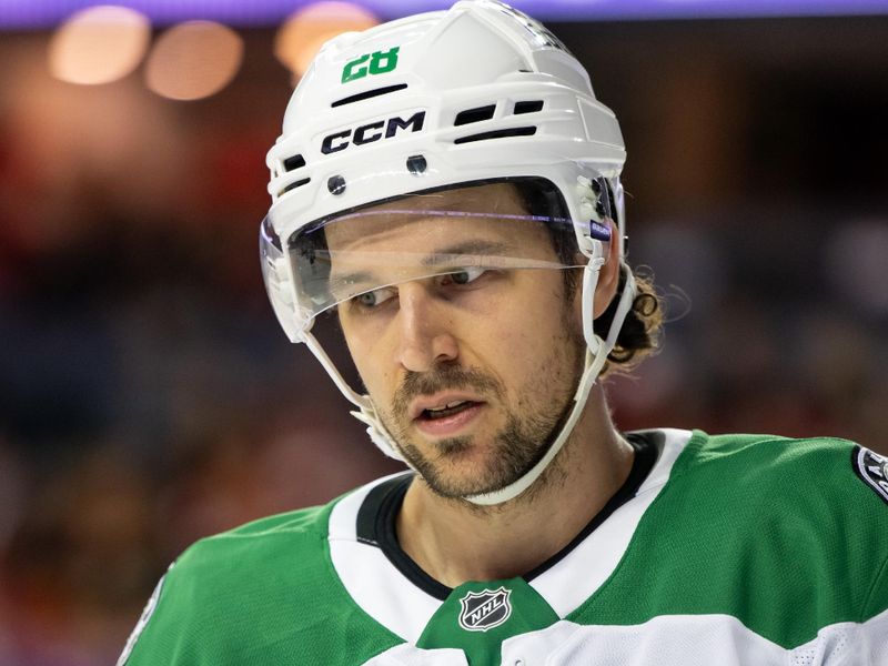 Nov 22, 2025; Calgary, Alberta, CAN; Dallas Stars defenseman Alexander Petrovic (28) looks on against the Calgary Flames during the second period at Scotiabank Saddledome. Mandatory Credit: Brett Holmes-Imagn Images