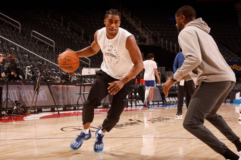 DETROIT, MI - NOVEMBER 1: Jaden Ivey #23 of the Detroit Pistons warms up before the game against the New York Knicks on November 1, 2024 at Little Caesars Arena in Detroit, Michigan. NOTE TO USER: User expressly acknowledges and agrees that, by downloading and/or using this photograph, User is consenting to the terms and conditions of the Getty Images License Agreement. Mandatory Copyright Notice: Copyright 2024 NBAE (Photo by Brian Sevald/NBAE via Getty Images)