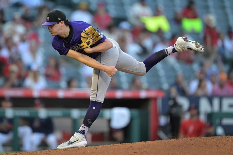 Jul 30, 2024; Anaheim, California, USA;  Colorado Rockies starting pitcher Cal Quantrill (47) delivers to the plate in the second inning against the Los Angeles Angels at Angel Stadium. Mandatory Credit: Jayne Kamin-Oncea-USA TODAY Sports