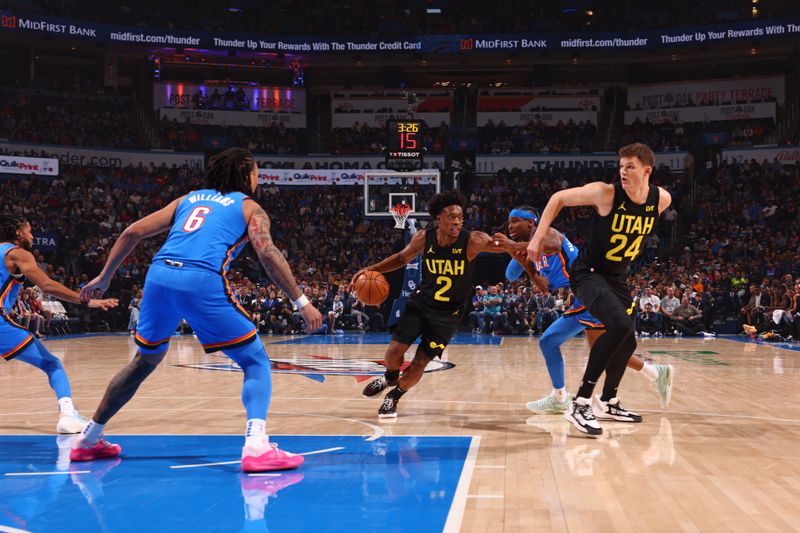 OKLAHOMA CITY, OK - MARCH 20: Colin Sexton #2 of the Utah Jazz dribbles the ball during the game against the Oklahoma City Thunder on March 20, 2024 at Paycom Arena in Oklahoma City, Oklahoma. NOTE TO USER: User expressly acknowledges and agrees that, by downloading and or using this photograph, User is consenting to the terms and conditions of the Getty Images License Agreement. Mandatory Copyright Notice: Copyright 2024 NBAE (Photo by Zach Beeker/NBAE via Getty Images)