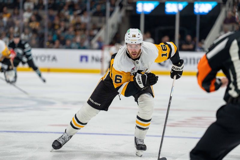 Oct 18, 2025; San Jose, California, USA; Pittsburgh Penguins right wing Justin Brazeau (16) skates after the puck against the San Jose Sharks during the second period at SAP Center at San Jose. Mandatory Credit: Neville E. Guard-Imagn Images