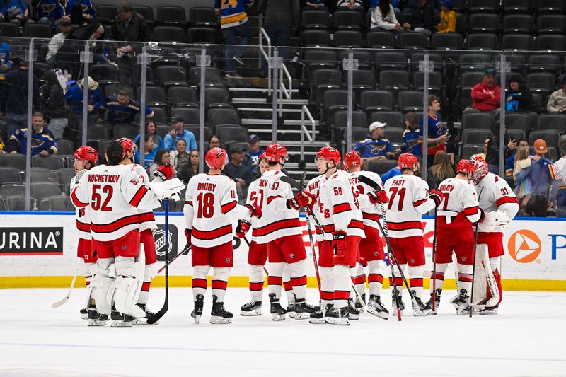 Apr 12, 2024; St. Louis, Missouri, USA;  Carolina Hurricanes celebrate after defeating the St. Louis Blues at Enterprise Center. Mandatory Credit: Jeff Curry-USA TODAY Sports