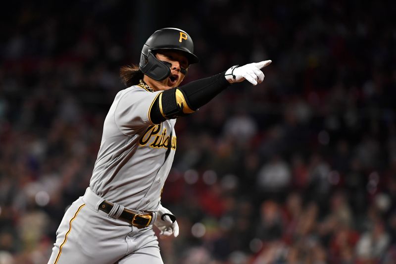 Apr 4, 2023; Boston, Massachusetts, USA;  Pittsburgh Pirates second baseman Ji Hwan Bae (3) reacts after hitting a home run during the second inning against the Boston Red Sox at Fenway Park. Mandatory Credit: Bob DeChiara-USA TODAY Sports