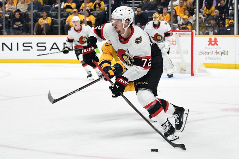 Feb 27, 2024; Nashville, Tennessee, USA; Ottawa Senators defenseman Thomas Chabot (72) handles the puck during the third period against the Nashville Predators at Bridgestone Arena. Mandatory Credit: Christopher Hanewinckel-USA TODAY Sports