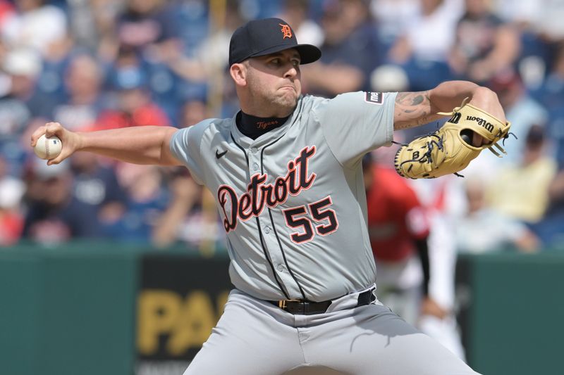 May 8, 2024; Cleveland, Ohio, USA; Detroit Tigers relief pitcher Alex Lange (55) throws a pitch during the ninth inning against the Cleveland Guardians at Progressive Field. Mandatory Credit: Ken Blaze-USA TODAY Sports