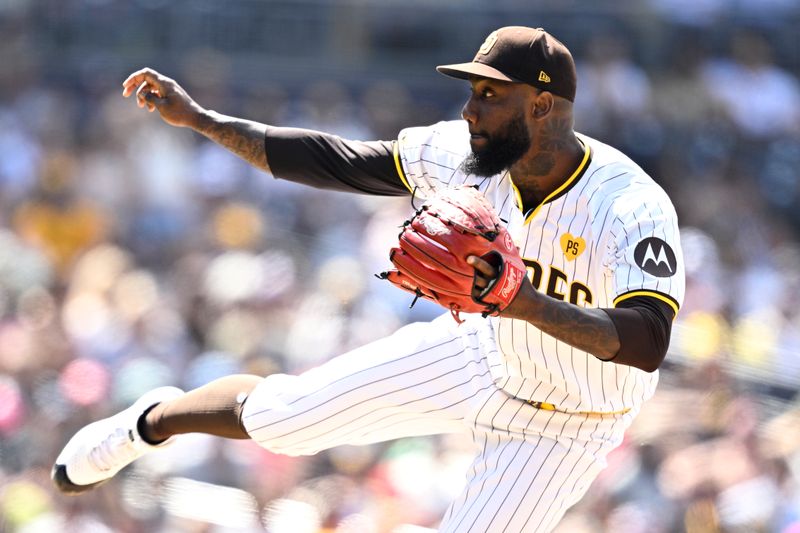 May 1, 2024; San Diego, California, USA; San Diego Padres relief pitcher Enyel De Los Santos (62) throws a pitch against the Cincinnati Reds during the seventh inning at Petco Park. Mandatory Credit: Orlando Ramirez-USA TODAY Sports