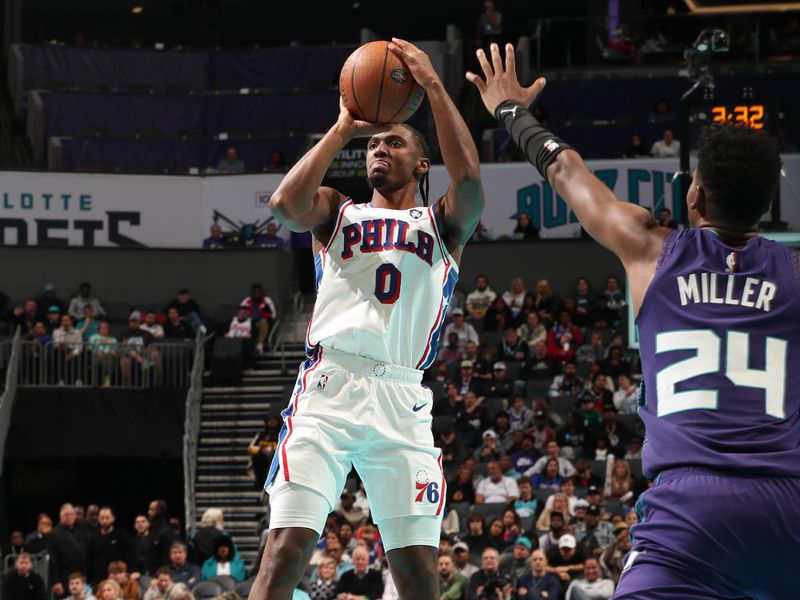 CHARLOTTE, NC - DECEMBER 3: Tyrese Maxey #0 of the Philadelphia 76ers shoots the ball during the game against the Charlotte Hornets during an NBA Emirates Cup game on December 3, 2024 at Spectrum Center in Charlotte, North Carolina. NOTE TO USER: User expressly acknowledges and agrees that, by downloading and or using this photograph, User is consenting to the terms and conditions of the Getty Images License Agreement. Mandatory Copyright Notice: Copyright 2024 NBAE (Photo by Kent Smith/NBAE via Getty Images)