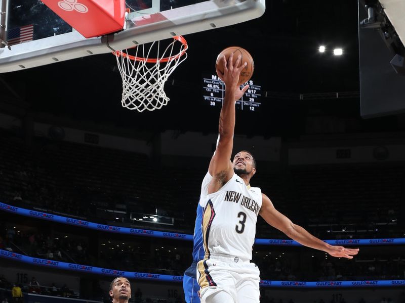 NEW ORLEANS, LA - JANUARY 15:  CJ McCollum #3 of the New Orleans Pelicans drives to the basket during the game against the Dallas Mavericks on January 15, 2025 at the Smoothie King Center in New Orleans, Louisiana. NOTE TO USER: User expressly acknowledges and agrees that, by downloading and or using this Photograph, user is consenting to the terms and conditions of the Getty Images License Agreement. Mandatory Copyright Notice: Copyright 2025 NBAE (Photo by Layne Murdoch Jr./NBAE via Getty Images)