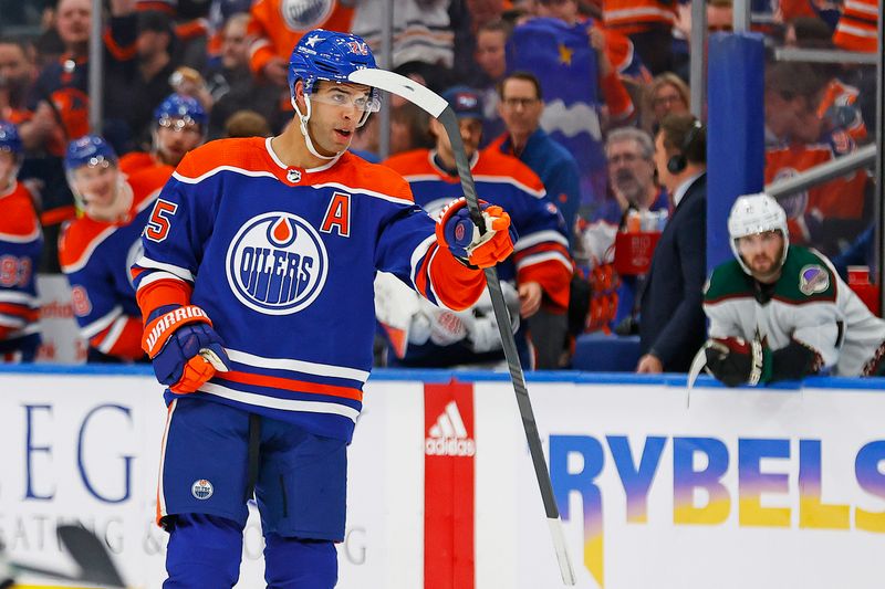 Apr 12, 2024; Edmonton, Alberta, CAN; Edmonton Oilers defensemen Darnell Nurse (25) celebrates after scoring a goal against the Arizona Coyotes at Rogers Place. Mandatory Credit: Perry Nelson-USA TODAY Sports