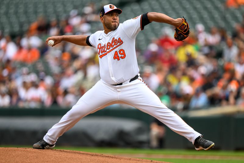 Aug 18, 2024; Baltimore, Maryland, USA; Baltimore Orioles pitcher Albert Suárez (49) throws a pitch during the first inning against the Boston Red Sox at Oriole Park at Camden Yards. Mandatory Credit: Reggie Hildred-USA TODAY Sports