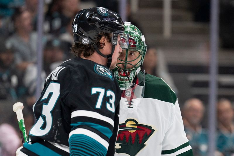 Nov 7, 2024; San Jose, California, USA;  Minnesota Wild goaltender Marc-Andre Fleury (29) watches San Jose Sharks center Tyler Toffoli (73) during the second period at SAP Center at San Jose. Mandatory Credit: Stan Szeto-Imagn Images