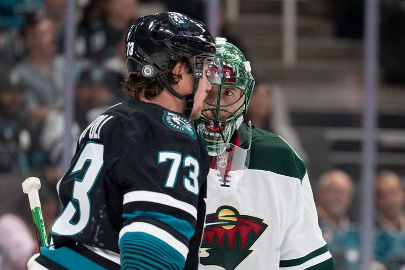 Nov 7, 2024; San Jose, California, USA;  Minnesota Wild goaltender Marc-Andre Fleury (29) watches San Jose Sharks center Tyler Toffoli (73) during the second period at SAP Center at San Jose. Mandatory Credit: Stan Szeto-Imagn Images