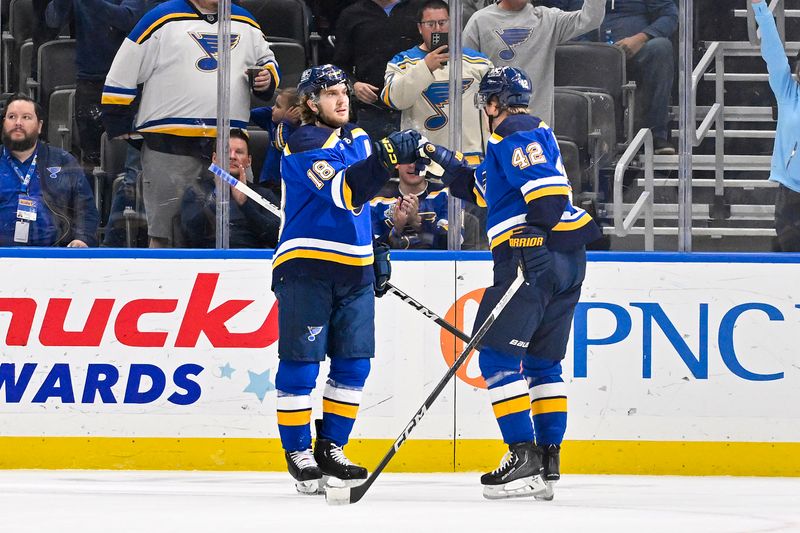 Nov 7, 2023; St. Louis, Missouri, USA;  St. Louis Blues center Robert Thomas (18) is congratulated by right wing Kasperi Kapanen (42) after scoring against the Winnipeg Jets during the first period at Enterprise Center. Mandatory Credit: Jeff Curry-USA TODAY Sports