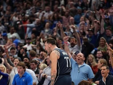 DALLAS, TX - OCTOBER 27: Luka Doncic #77 of the Dallas Mavericks celebrates during the game against the Brooklyn Nets on October 27, 2023 at the American Airlines Center in Dallas, Texas. NOTE TO USER: User expressly acknowledges and agrees that, by downloading and or using this photograph, User is consenting to the terms and conditions of the Getty Images License Agreement. Mandatory Copyright Notice: Copyright 2023 NBAE (Photo by Glenn James/NBAE via Getty Images)