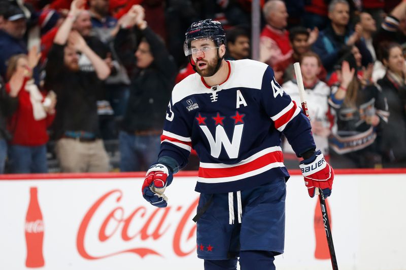 Jan 7, 2024; Washington, District of Columbia, USA; Washington Capitals right wing Tom Wilson (43) looks on after the game against the Los Angeles Kings at Capital One Arena. Mandatory Credit: Amber Searls-USA TODAY Sports