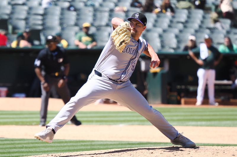 May 23, 2024; Oakland, California, USA; Colorado Rockies relief pitcher Jalen Beeks (68) pitches against the Oakland Athletics during the ninth inning at Oakland-Alameda County Coliseum. Mandatory Credit: Kelley L Cox-USA TODAY Sports