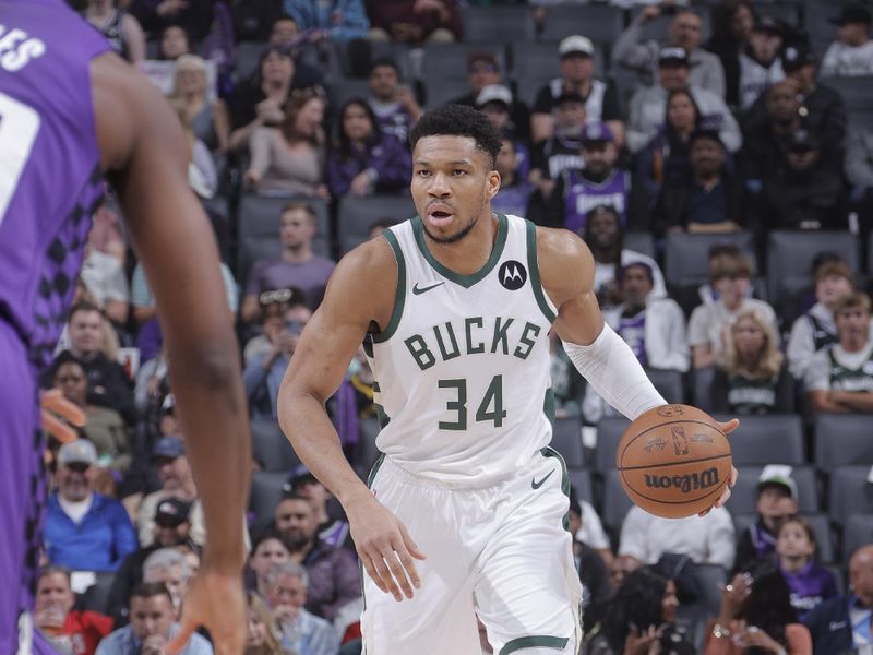 SACRAMENTO, CA - MARCH 12: Giannis Antetokounmpo #34 of the Milwaukee Bucks dribbles the ball during the game against the Sacramento Kings on March 12, 2024 at Golden 1 Center in Sacramento, California. NOTE TO USER: User expressly acknowledges and agrees that, by downloading and or using this Photograph, user is consenting to the terms and conditions of the Getty Images License Agreement. Mandatory Copyright Notice: Copyright 2024 NBAE (Photo by Rocky Widner/NBAE via Getty Images)