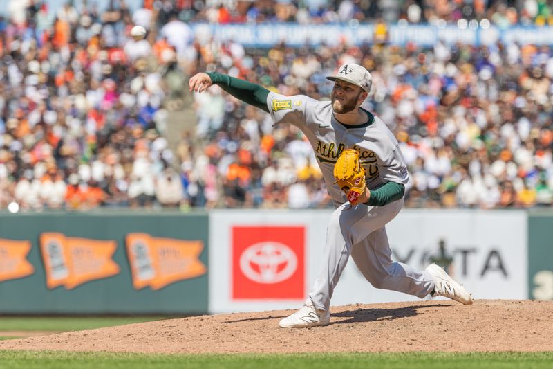 May 18, 2025; San Francisco, California, USA; Oakland Athletics pitcher Justin Sterner (60) throws a pitch during the seventh inning against the San Francisco Giants at Oracle Park. Mandatory Credit: Bob Kupbens-Imagn Images