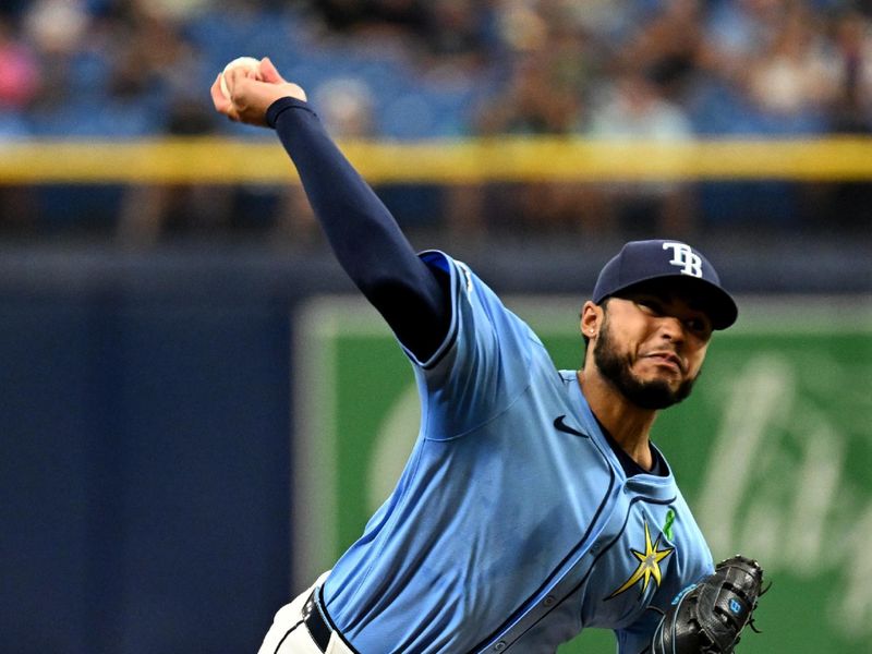 May 26, 2024; St. Petersburg, Florida, USA; Tampa Bay Rays starting pitcher Taj Bradley (45) throws a pitch in the first inning against the Kansas City Royals at Tropicana Field. Mandatory Credit: Jonathan Dyer-USA TODAY Sports