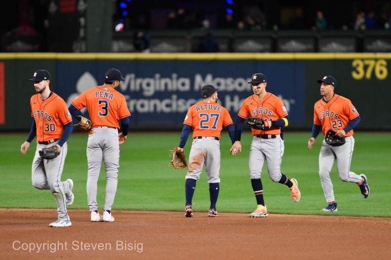 Sep 27, 2023; Seattle, Washington, USA; The Houston Astros celebrate defeating the Seattle Mariners at T-Mobile Park. Mandatory Credit: Steven Bisig-USA TODAY Sports