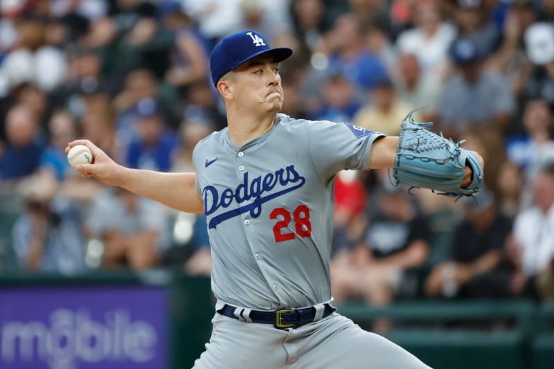 Jun 25, 2024; Chicago, Illinois, USA; Los Angeles Dodgers starting pitcher Bobby Miller (28) pitches against the Chicago White Sox during the first inning at Guaranteed Rate Field. Mandatory Credit: Kamil Krzaczynski-USA TODAY Sports