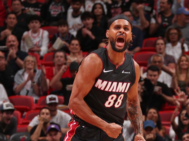 MIAMI, FL - MARCH 24: Patty Mills #88 of the Miami Heat celebrates during the game against the Cleveland Cavaliers on March 24, 2024 at Kaseya Center in Miami, Florida. NOTE TO USER: User expressly acknowledges and agrees that, by downloading and or using this Photograph, user is consenting to the terms and conditions of the Getty Images License Agreement. Mandatory Copyright Notice: Copyright 2024 NBAE (Photo by Issac Baldizon/NBAE via Getty Images)