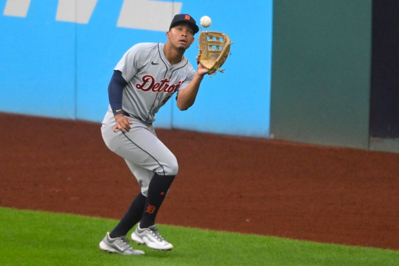 Jul 24, 2024; Cleveland, Ohio, USA; Detroit Tigers right fielder Wenceel Perez (46) makes a catch in the fifth inning against the Cleveland Guardians at Progressive Field. Mandatory Credit: David Richard-USA TODAY Sports