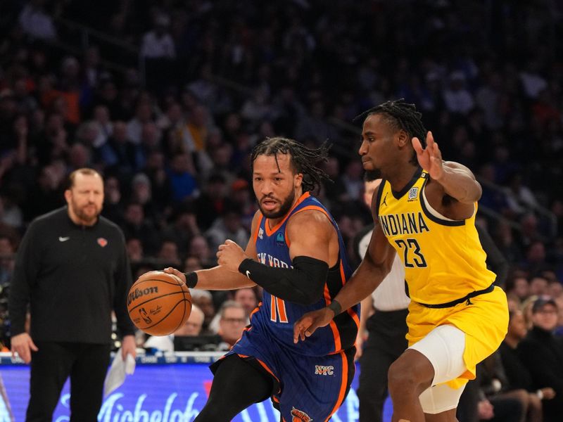 NEW YORK, NY - FEBRUARY 10: Jalen Brunson #11 of the New York Knicks dribbles the ball during the game against the Indiana Pacers on February 10, 2024 at Madison Square Garden in New York City, New York.  NOTE TO USER: User expressly acknowledges and agrees that, by downloading and or using this photograph, User is consenting to the terms and conditions of the Getty Images License Agreement. Mandatory Copyright Notice: Copyright 2024 NBAE  (Photo by Jesse D. Garrabrant/NBAE via Getty Images)