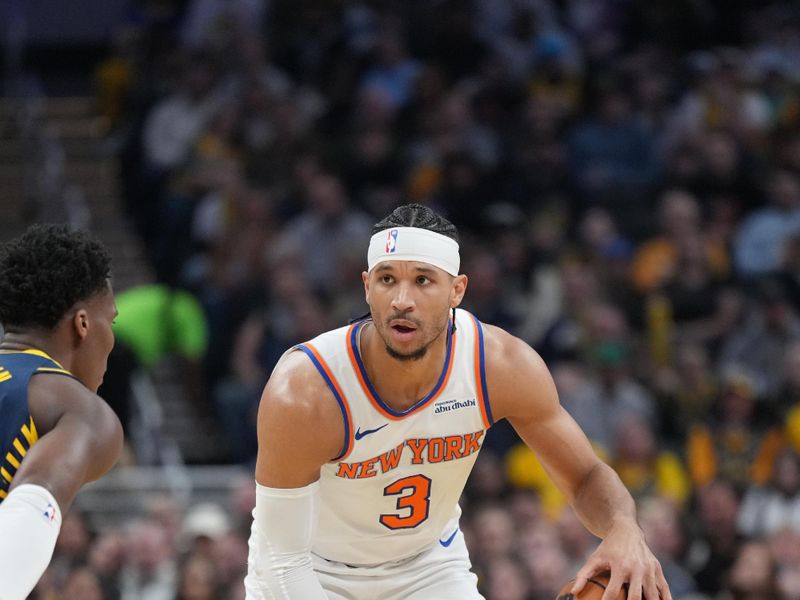 INDIANAPOLIS, IN - FEBRUARY 11: Josh Hart #3 of the New York Knicks dribbles the ball during the game against the Indiana Pacers on February 11, 2025 at Gainbridge Fieldhouse in Indianapolis, Indiana. NOTE TO USER: User expressly acknowledges and agrees that, by downloading and or using this Photograph, user is consenting to the terms and conditions of the Getty Images License Agreement. Mandatory Copyright Notice: Copyright 2025 NBAE (Photo by A.J. Mast/NBAE via Getty Images)