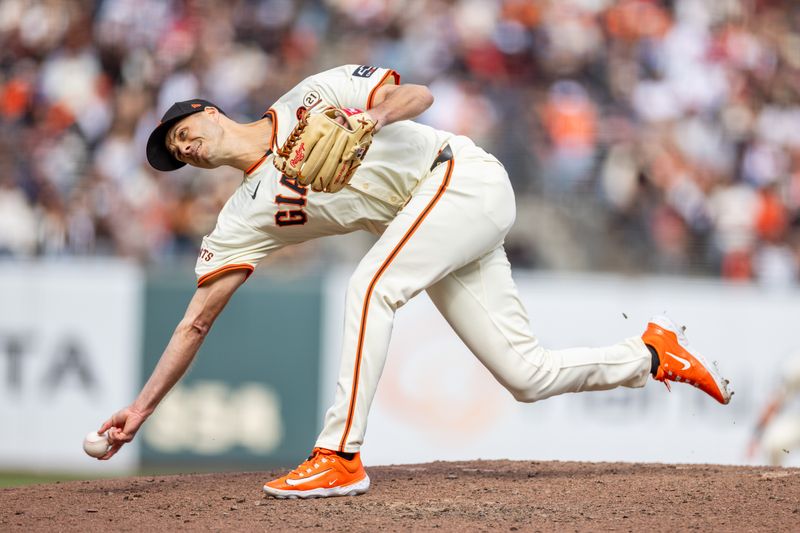 Sep 15, 2024; San Francisco, California, USA; San Francisco Giants pitcher Tyler Rogers (71) throws a pitch during the eighth inning against the San Diego Padres at Oracle Park. Mandatory Credit: Bob Kupbens-Imagn Images