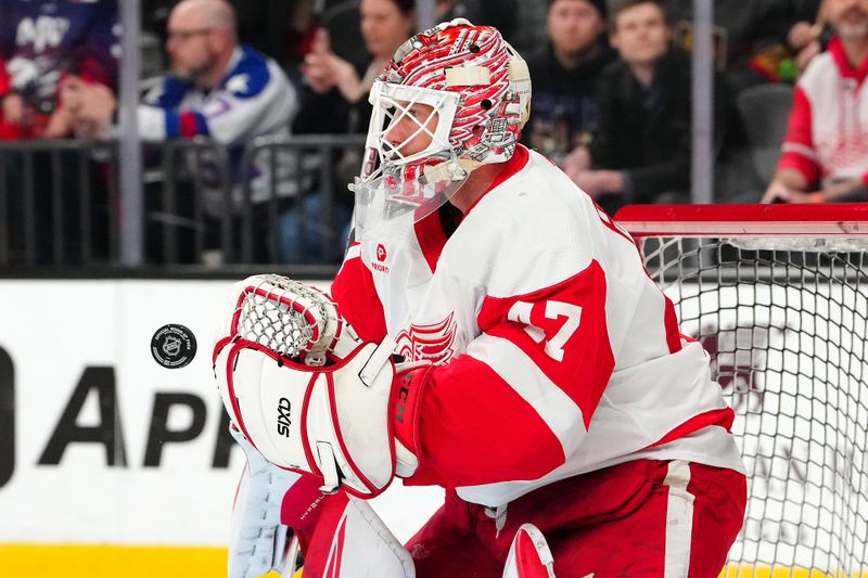 Mar 9, 2024; Las Vegas, Nevada, USA; Detroit Red Wings goaltender James Reimer (47) warms up before a game against the Vegas Golden Knights at T-Mobile Arena. Mandatory Credit: Stephen R. Sylvanie-USA TODAY Sports