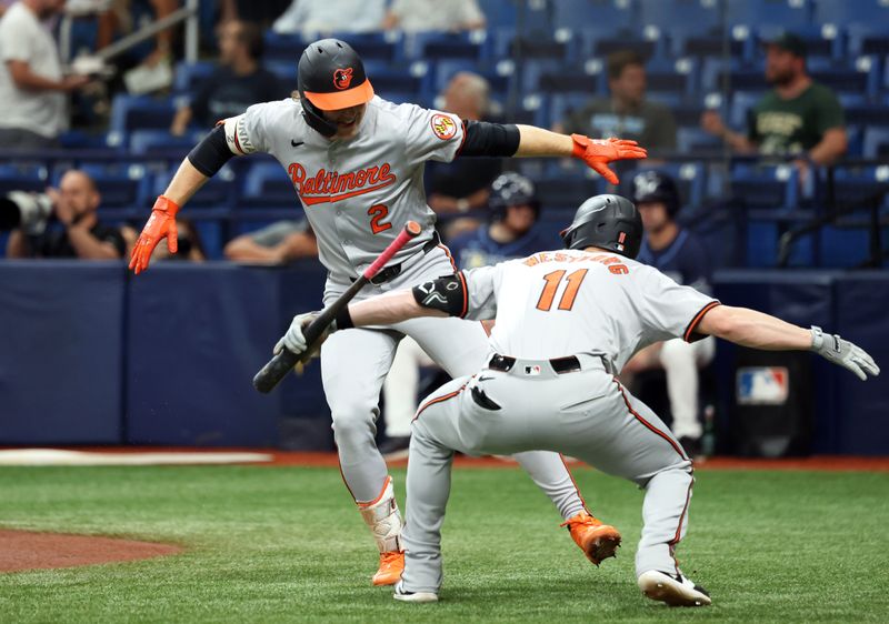 Jun 10, 2024; St. Petersburg, Florida, USA;  Baltimore Orioles shortstop Gunnar Henderson (2) is congratulated by third base Jordan Westburg (11) after he hit a home run against the Tampa Bay Rays during the first inning at Tropicana Field. Mandatory Credit: Kim Klement Neitzel-USA TODAY Sports