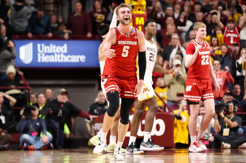 Jan 23, 2024; Minneapolis, Minnesota, USA; Wisconsin Badgers forward Tyler Wahl (5) celebrates the win against the Minnesota Golden Gophers after the game at Williams Arena. Mandatory Credit: Matt Krohn-USA TODAY Sports