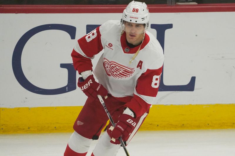 Nov 6, 2024; Chicago, Illinois, USA; Detroit Red Wings right wing Patrick Kane (88) warms up before a game against the Chicago Blackhawks at United Center. Mandatory Credit: David Banks-Imagn Images