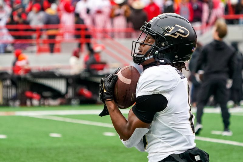 Oct 28, 2023; Lincoln, Nebraska, USA; Purdue Boilermakers wide receiver TJ Sheffield (8) catches a pass before a game against the Nebraska Cornhuskers at Memorial Stadium. Mandatory Credit: Dylan Widger-USA TODAY Sports