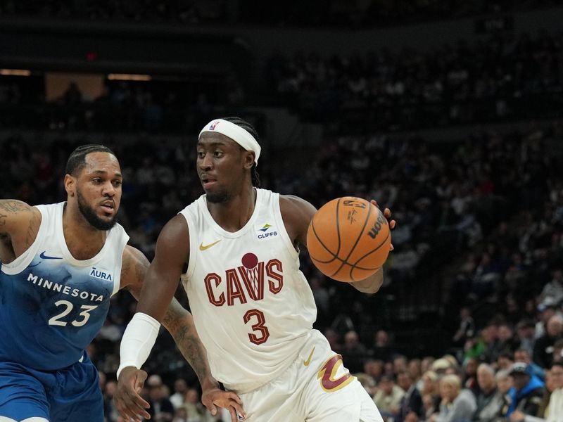 MINNEAPOLIS, MN -  MARCH 22: Caris LeVert #3 of the Cleveland Cavaliers handles the ball during the game against the Minnesota Timberwolves on March 22, 2024 at Target Center in Minneapolis, Minnesota. NOTE TO USER: User expressly acknowledges and agrees that, by downloading and or using this Photograph, user is consenting to the terms and conditions of the Getty Images License Agreement. Mandatory Copyright Notice: Copyright 2024 NBAE (Photo by Jordan Johnson/NBAE via Getty Images)